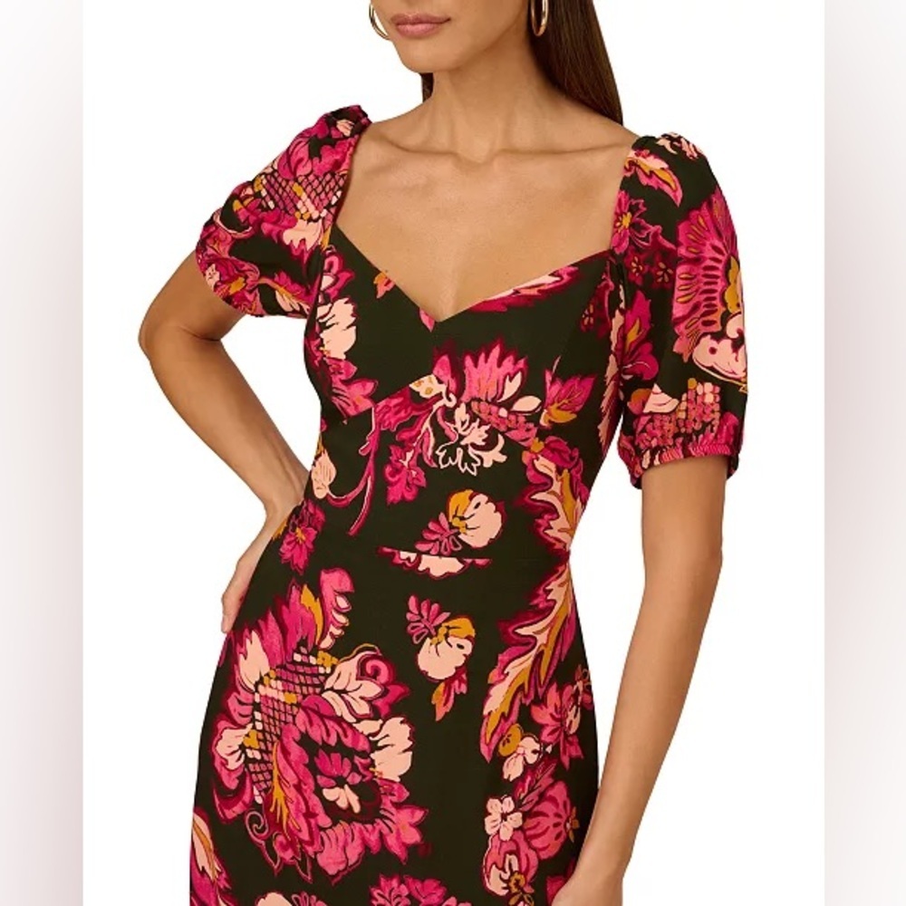 Adrianna Papell Floral Puff Sleeve Midi Dress Pink Black Sweetheart Neck NWT 6 - Picture 3 of 11